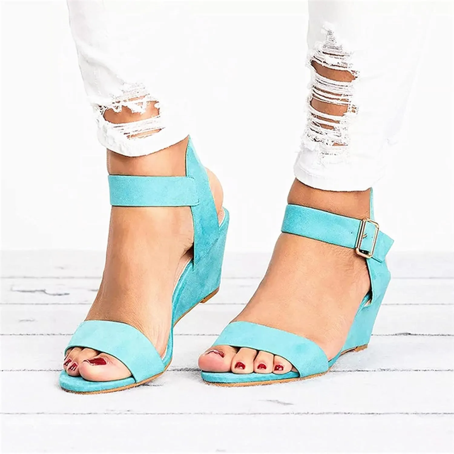 oiangi Suede Wedge Sandals for Women Fashion Solid Ankle Strap Buckle Round Toe Open Toe Low Top Sandalias Summer Comfortable Casual Ladies Shoes