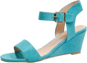 oiangi Suede Wedge Sandals for Women Fashion Solid Ankle Strap Buckle Round Toe Open Toe Low Top Sandalias Summer Comfortable Casual Ladies Shoes