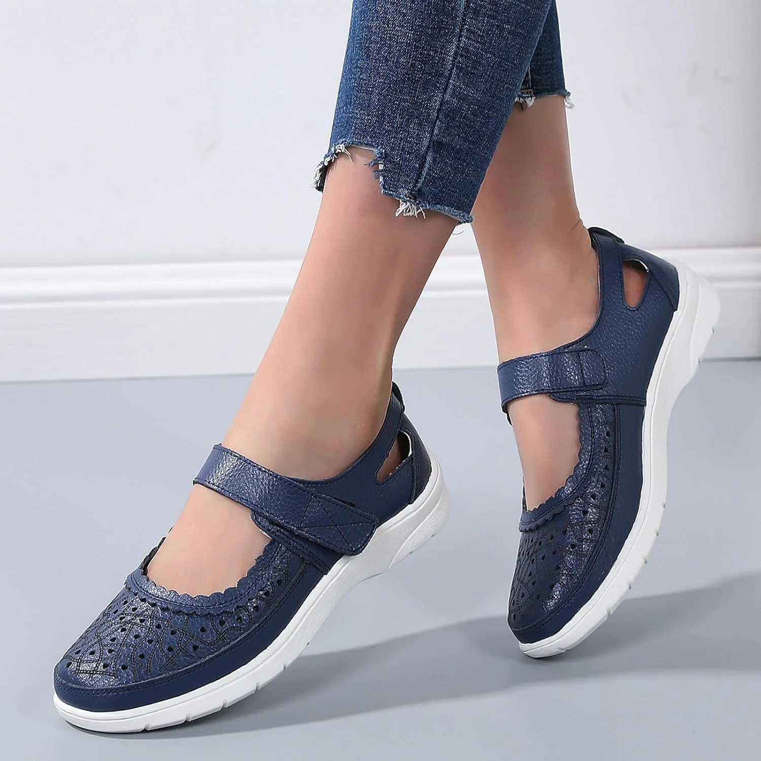 oiangi Summer Sandals for Women Fashion Casual Closed Toe Hollow Hole Hook and Loop Wedge Sandals Solid Comfortable Breathable Carved Flower Nurse Shoes