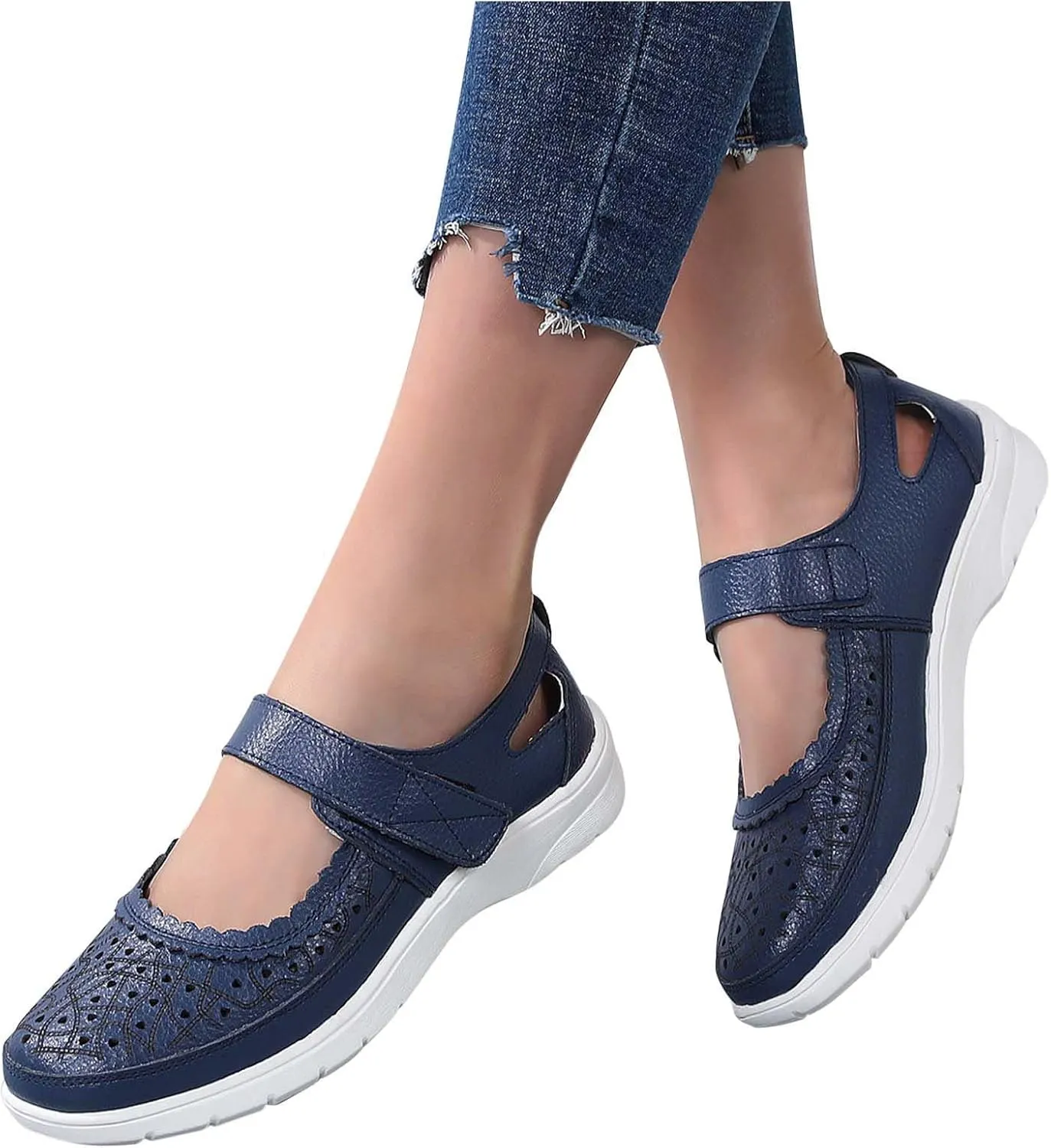 oiangi Summer Sandals for Women Fashion Casual Closed Toe Hollow Hole Hook and Loop Wedge Sandals Solid Comfortable Breathable Carved Flower Nurse Shoes