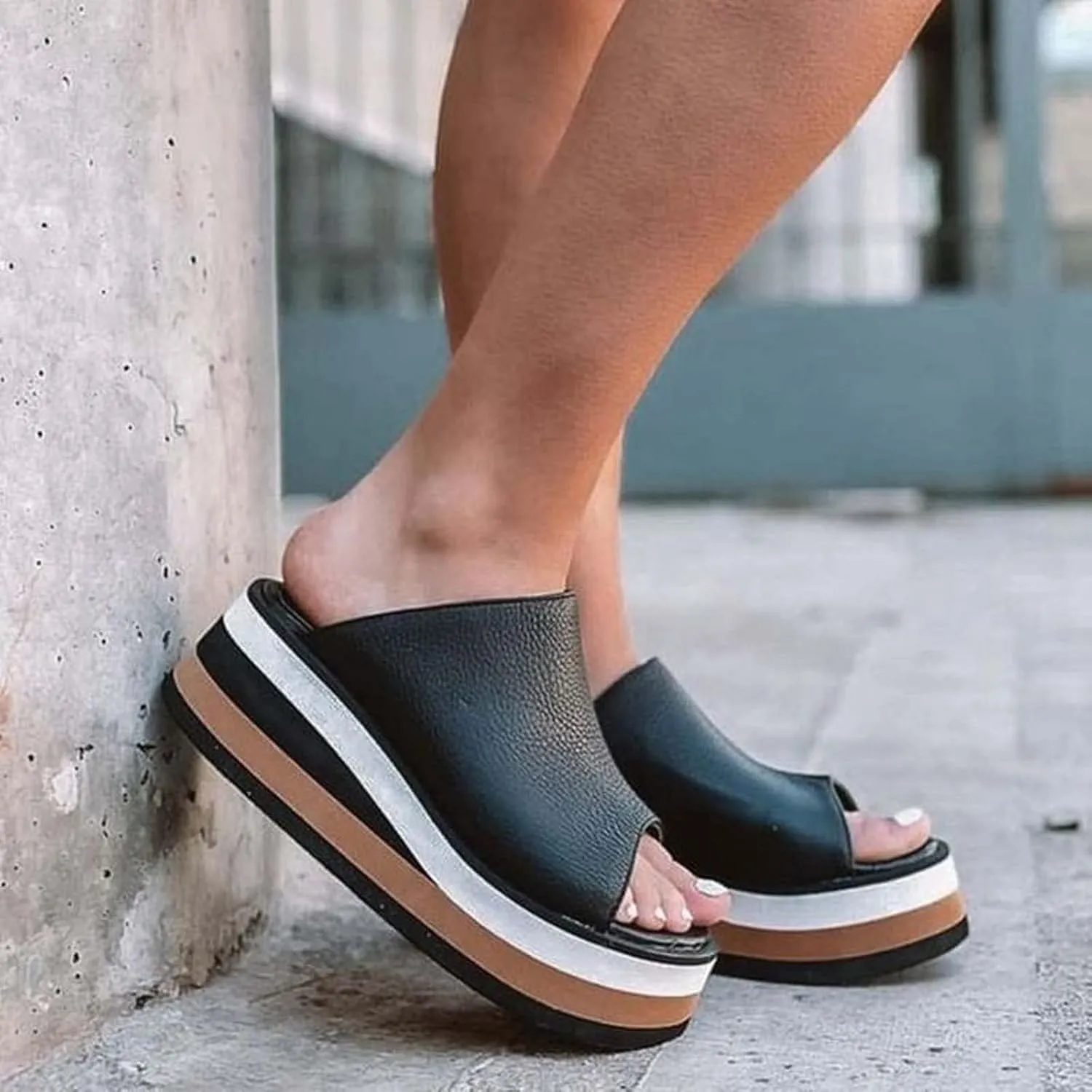 oiangi Summer Womens Wedge Platform Sandals Fashion Casual Fish Mouth Peep Toe Slip-on Chunky Slipper Comfortable Outdoor Ladies Beach Shoes Slides
