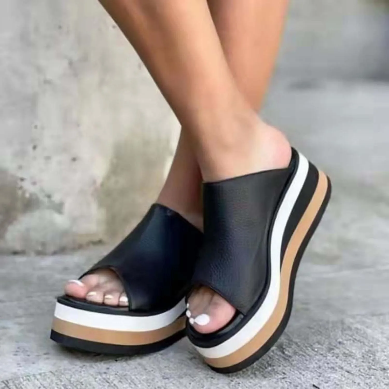 oiangi Summer Womens Wedge Platform Sandals Fashion Casual Fish Mouth Peep Toe Slip-on Chunky Slipper Comfortable Outdoor Ladies Beach Shoes Slides