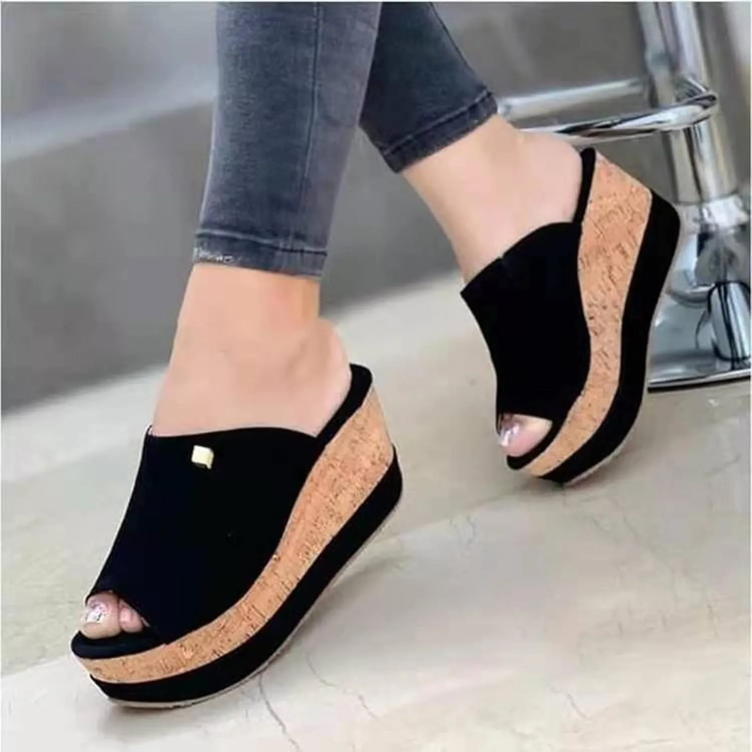oiangi Wedge Platform Sandals for Women Summer Fish Mouth Open Toe Slip-on Flip Flops Heeled Sandals Solid Comfortable Casual Outdoor Shoes Slippers
