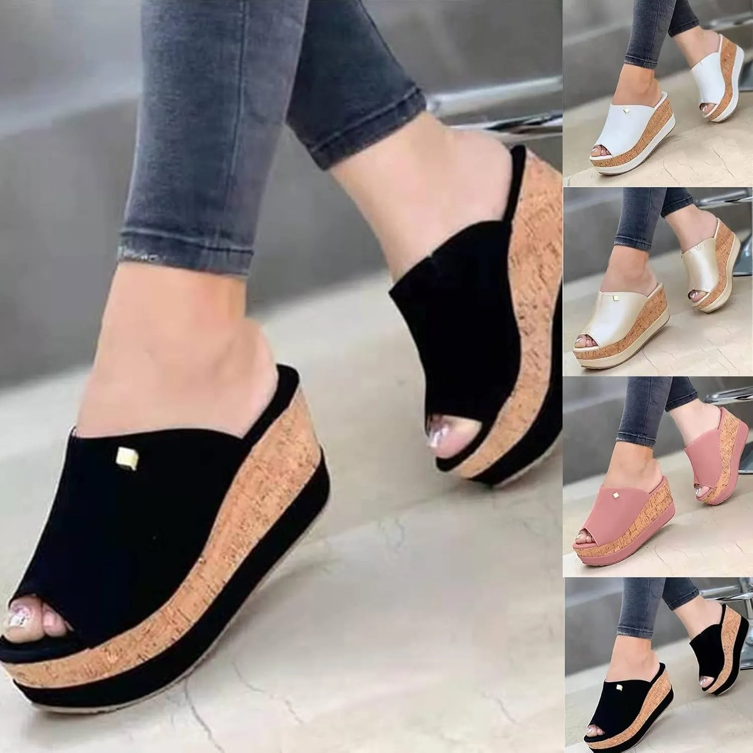 oiangi Wedge Platform Sandals for Women Summer Fish Mouth Open Toe Slip-on Flip Flops Heeled Sandals Solid Comfortable Casual Outdoor Shoes Slippers