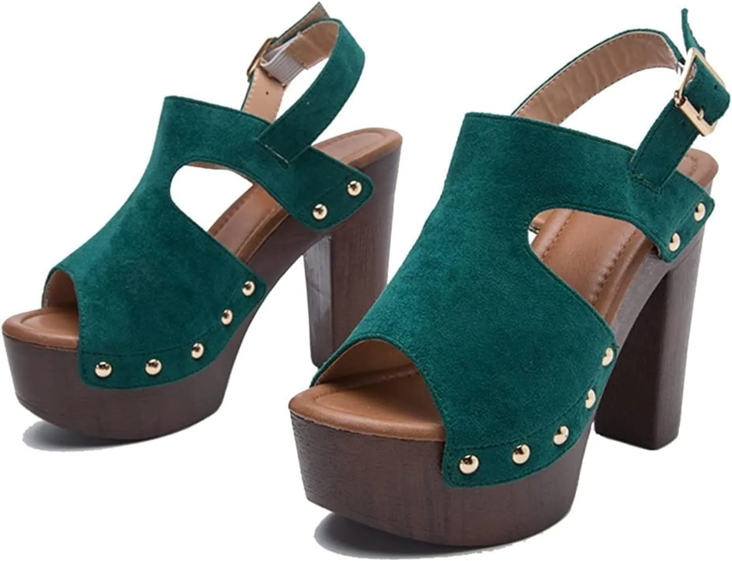 oiangi Womens Chunky Heel Platform Sandals,Summer Hollow Fish Mouth Open Toe Buckle Thick High Heels Sandalias Solid Studded Slingback Comfy Casual Shoes