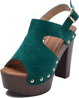 oiangi Womens Chunky Heel Platform Sandals,Summer Hollow Fish Mouth Open Toe Buckle Thick High Heels Sandalias Solid Studded Slingback Comfy Casual Shoes