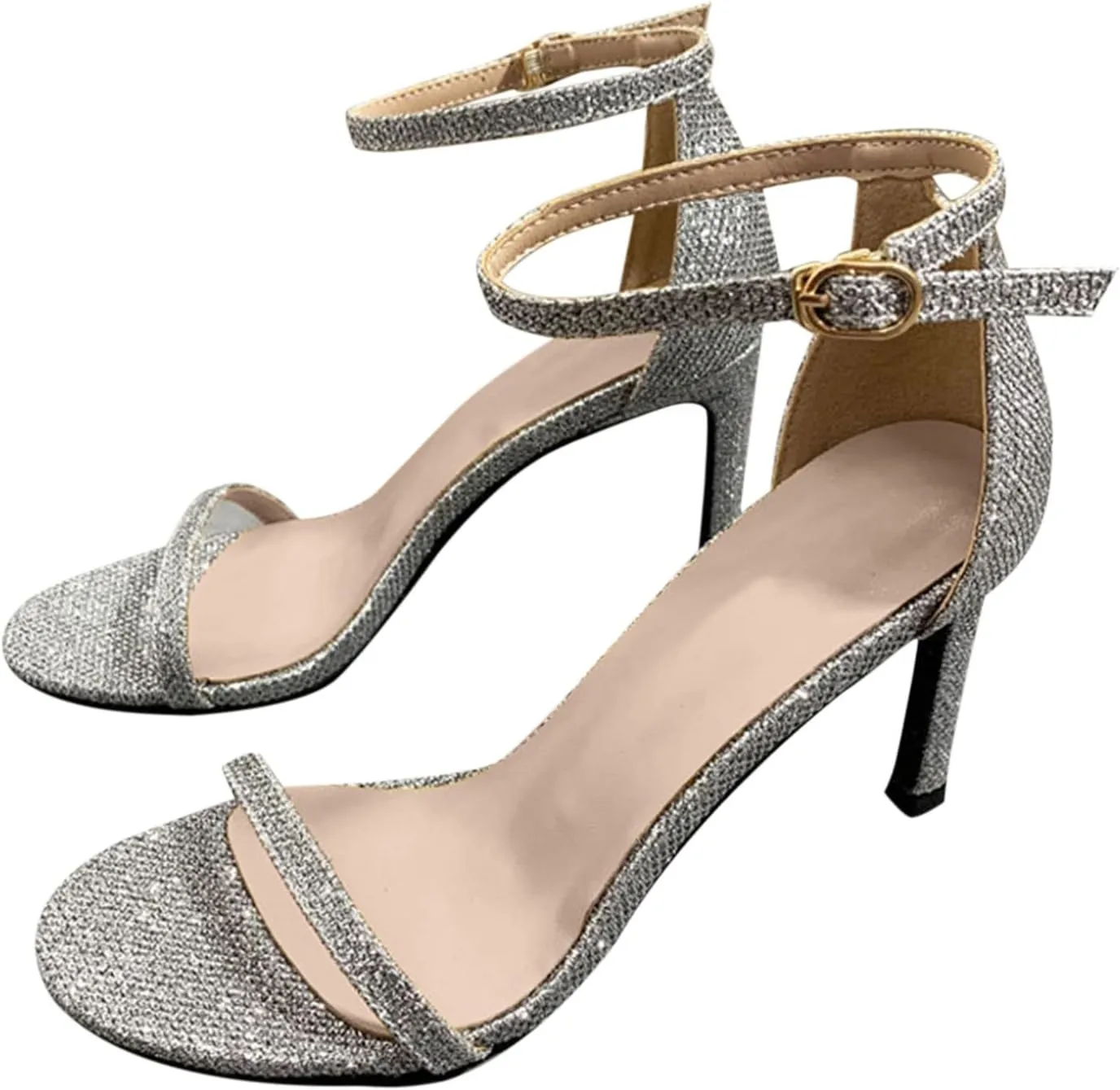oiangi Womens Glitter Flock Stiletto Sandals Summer Ankle Strap Thin Band Strap Buckle High Heels Sexy Temperament Ladies Casual Shoes Sandalias