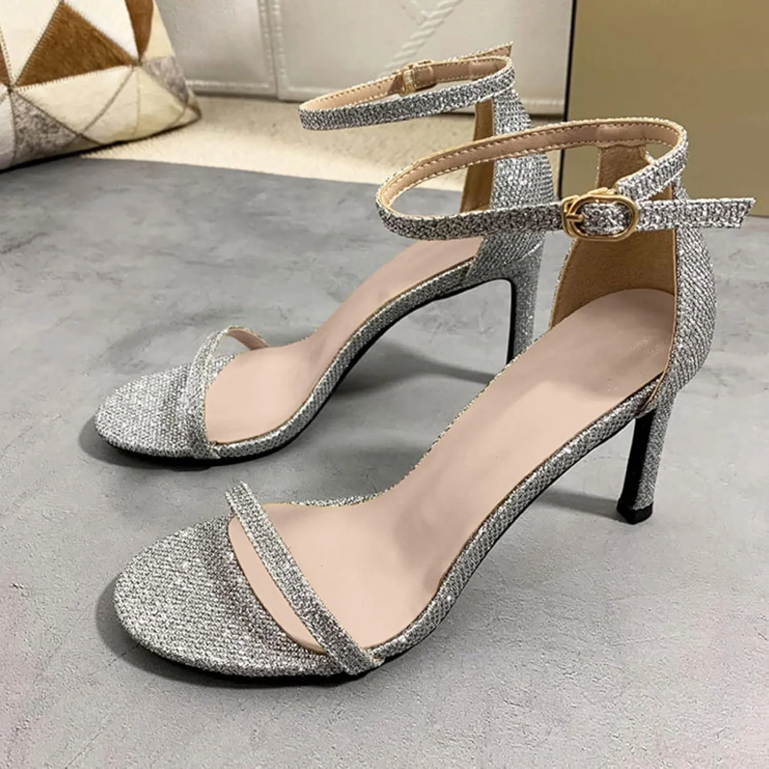oiangi Womens Glitter Flock Stiletto Sandals Summer Ankle Strap Thin Band Strap Buckle High Heels Sexy Temperament Ladies Casual Shoes Sandalias