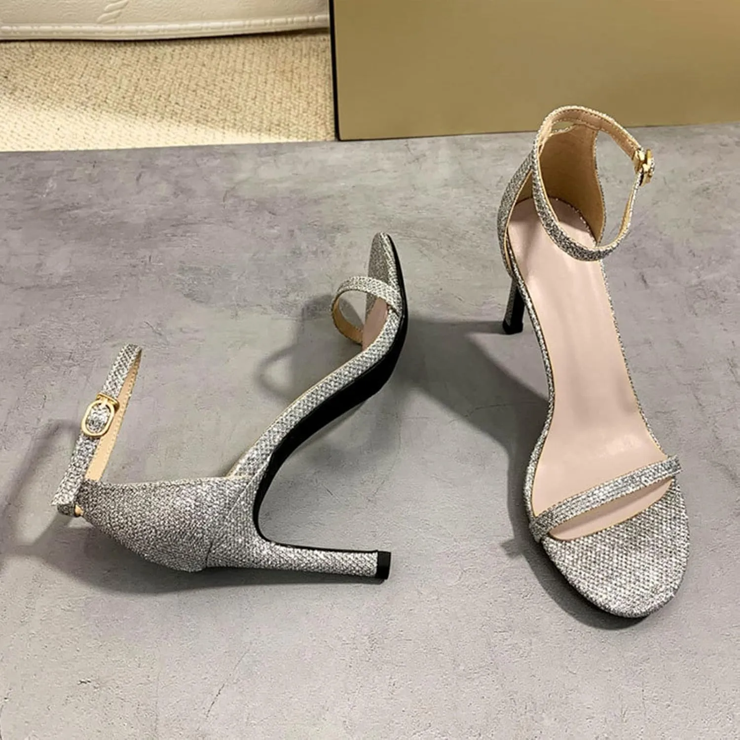 oiangi Womens Glitter Flock Stiletto Sandals Summer Ankle Strap Thin Band Strap Buckle High Heels Sexy Temperament Ladies Casual Shoes Sandalias