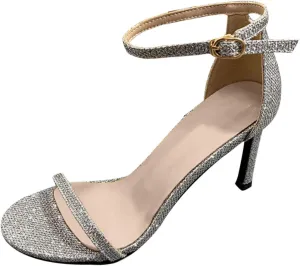 oiangi Womens Glitter Flock Stiletto Sandals Summer Ankle Strap Thin Band Strap Buckle High Heels Sexy Temperament Ladies Casual Shoes Sandalias
