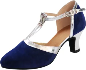 oiangi Women's Glitter Sequin Dance Shoes Fashion T Strap Closed-Toe Buckle Ballroom Latin Dance Shoes Ladies Trendy Shoes with Heel