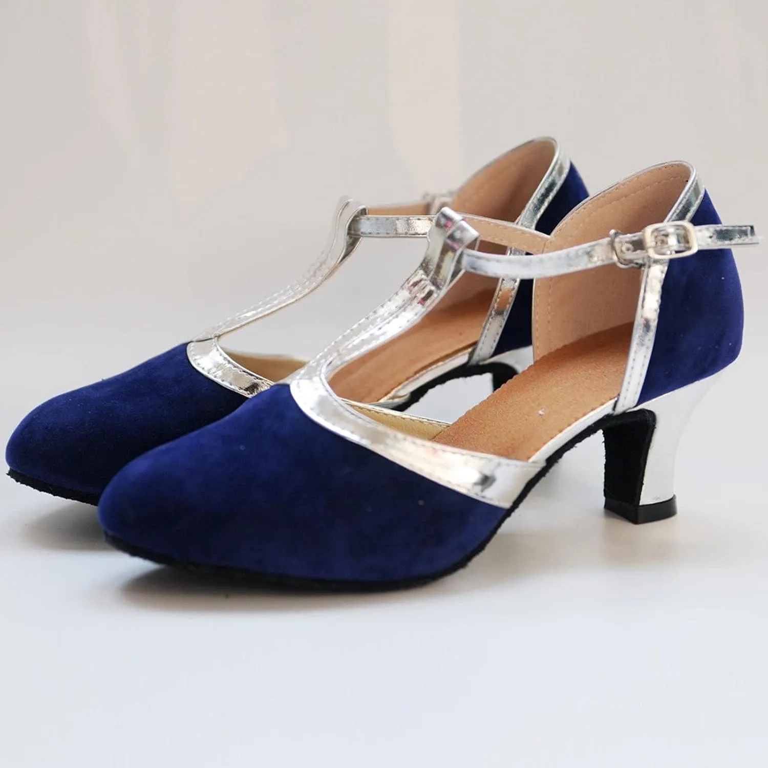 oiangi Women's Glitter Sequin Dance Shoes Fashion T Strap Closed-Toe Buckle Ballroom Latin Dance Shoes Ladies Trendy Shoes with Heel