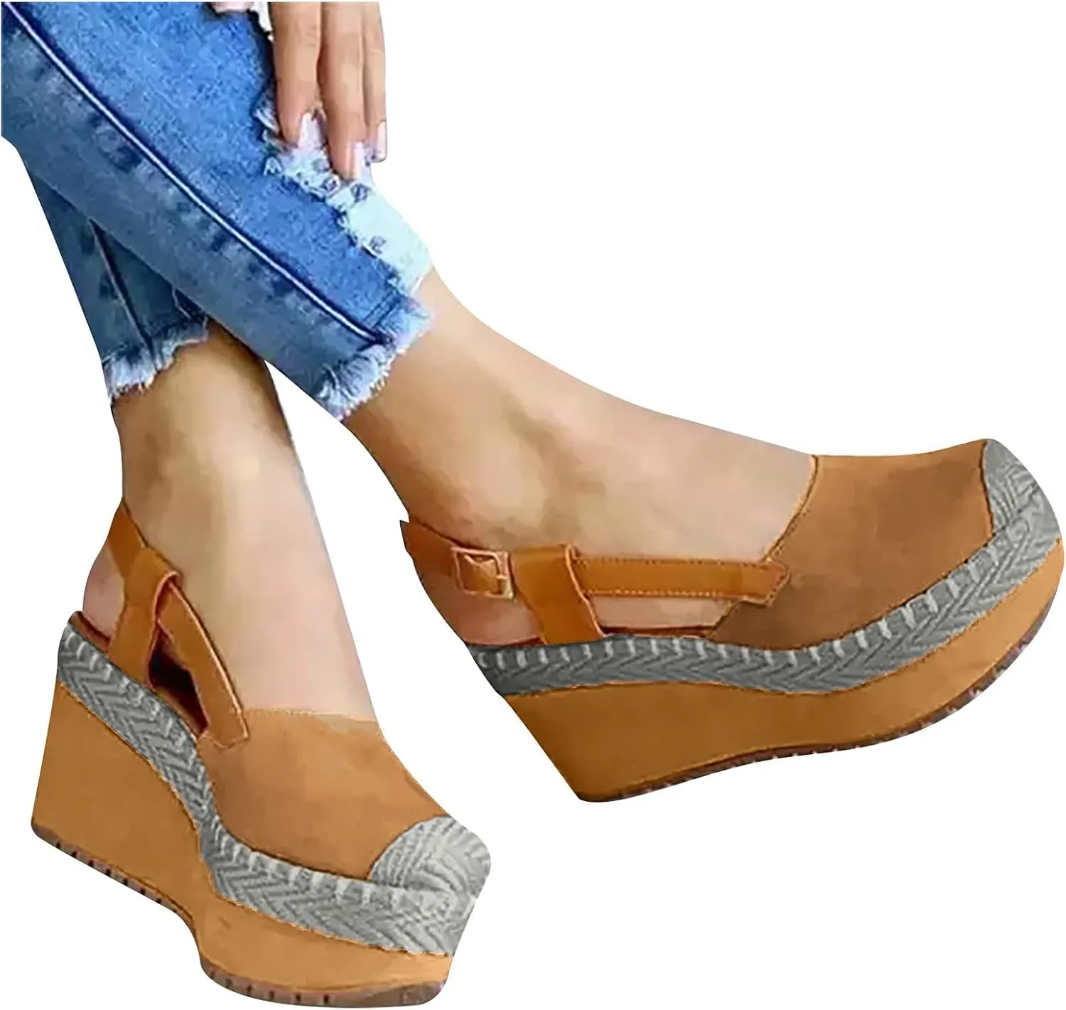 oiangi Women's Platform & Wedge Sandals Casual Summer Straps Buckle Slingback Baotou Closed Toes Heeled Sandals Comfy Boho Beach Shoes Sandalias Cuña