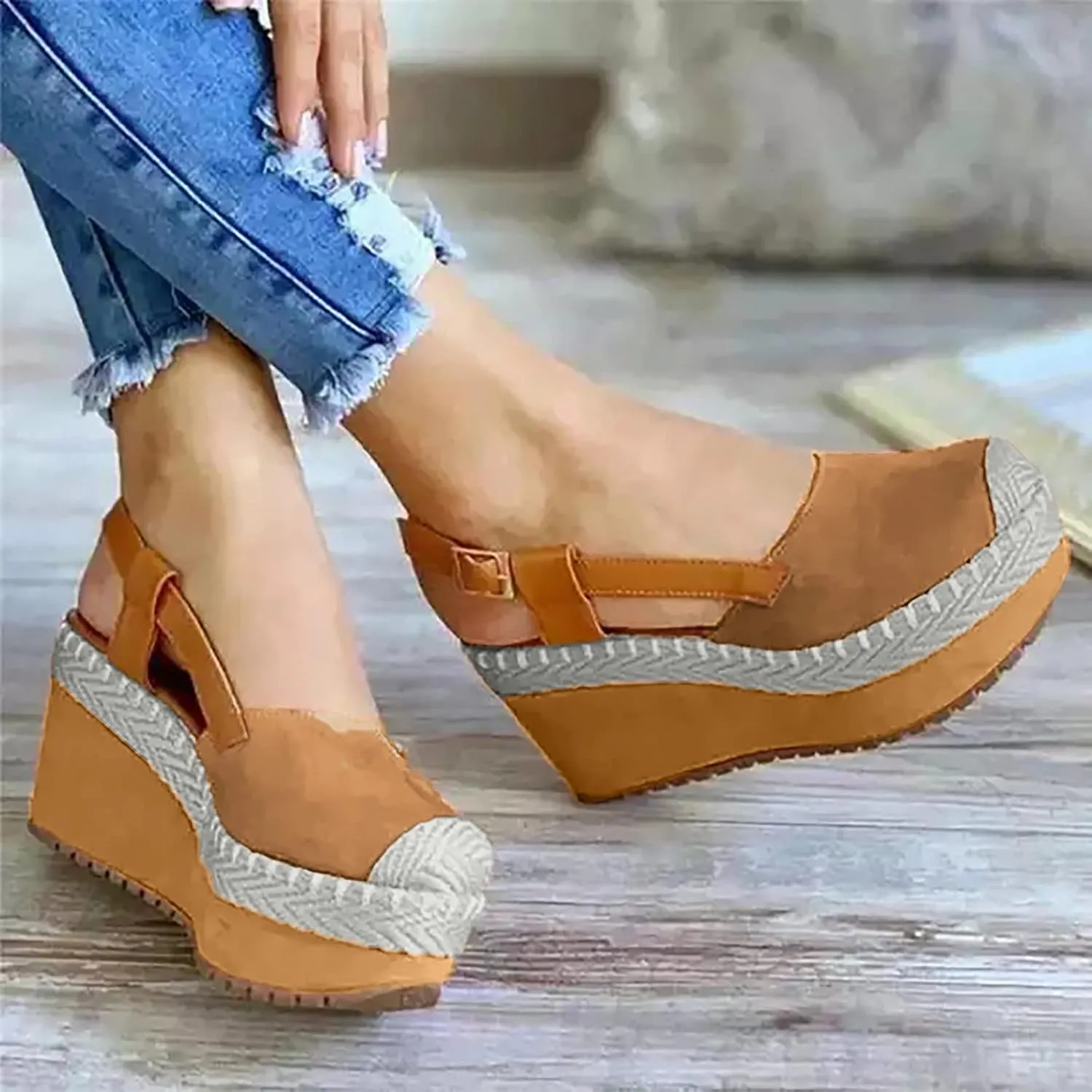 oiangi Women's Platform & Wedge Sandals Casual Summer Straps Buckle Slingback Baotou Closed Toes Heeled Sandals Comfy Boho Beach Shoes Sandalias Cuña