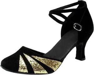 oiangi Women's Satin Latin Dance Shoes 2023 Summer Fashion Closed Toe Ankle Straps Buckle Heeled Sandals Ballroom Salsa Tango Party Sequin Dance Shoes