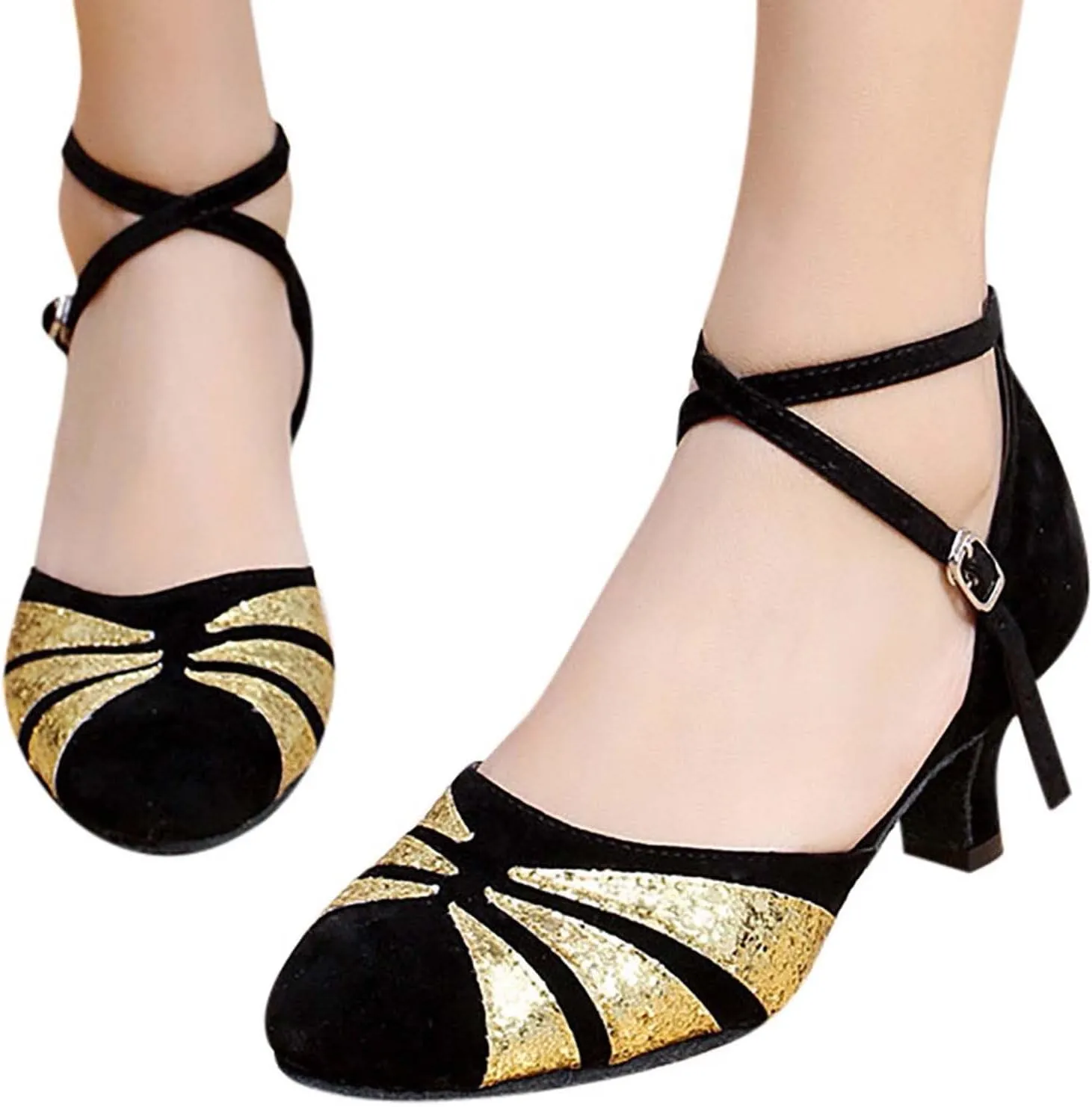 oiangi Women's Satin Latin Dance Shoes 2023 Summer Fashion Closed Toe Ankle Straps Buckle Heeled Sandals Ballroom Salsa Tango Party Sequin Dance Shoes