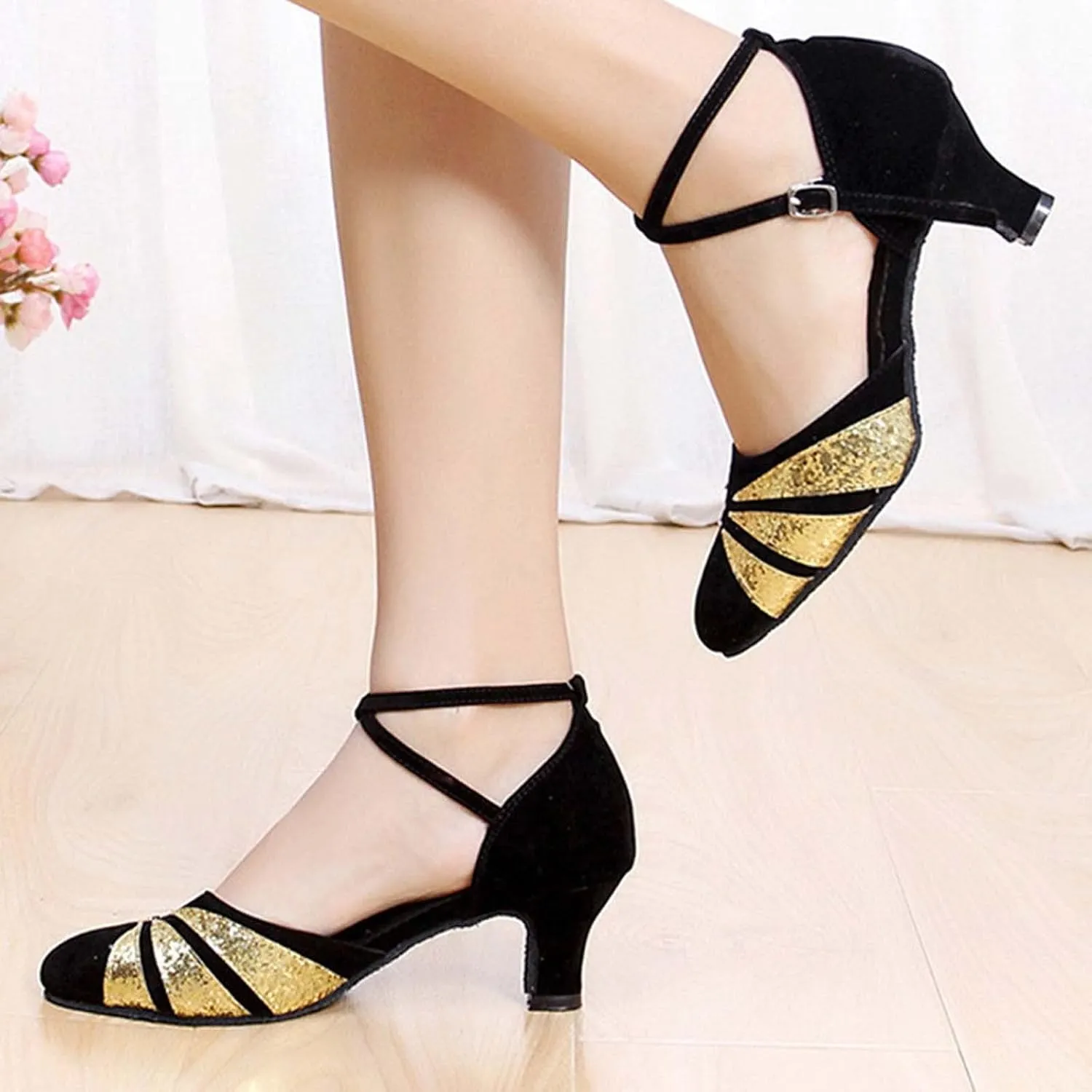oiangi Women's Satin Latin Dance Shoes 2023 Summer Fashion Closed Toe Ankle Straps Buckle Heeled Sandals Ballroom Salsa Tango Party Sequin Dance Shoes