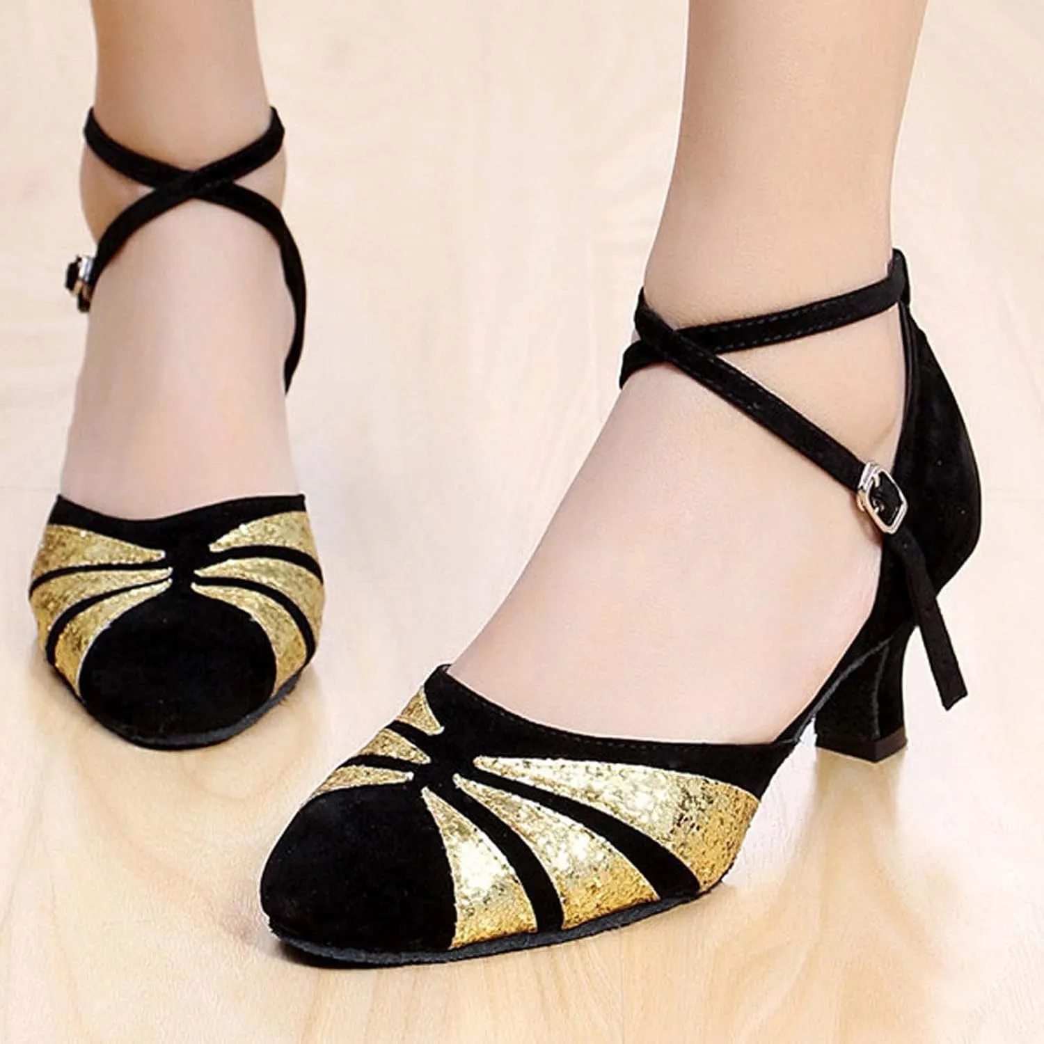 oiangi Women's Satin Latin Dance Shoes 2023 Summer Fashion Closed Toe Ankle Straps Buckle Heeled Sandals Ballroom Salsa Tango Party Sequin Dance Shoes