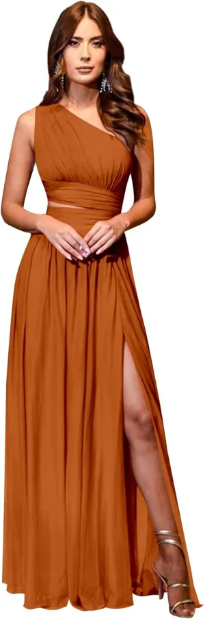 One Shoulder Bridesmaid Dresses for Wedding Chiffon High Slit A line Long Formal Prom Dress with Pockets