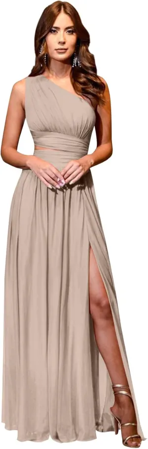 One Shoulder Bridesmaid Dresses for Wedding Chiffon High Slit A line Long Formal Prom Dress with Pockets