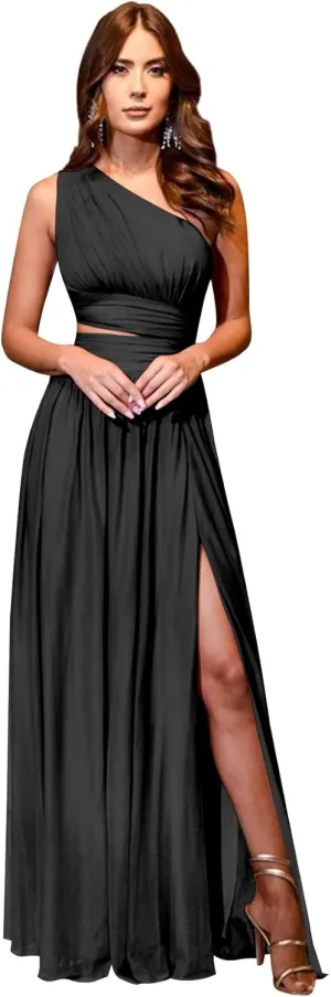One Shoulder Bridesmaid Dresses for Wedding Chiffon High Slit A line Long Formal Prom Dress with Pockets