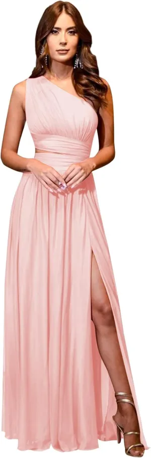 One Shoulder Bridesmaid Dresses for Wedding Chiffon High Slit A line Long Formal Prom Dress with Pockets