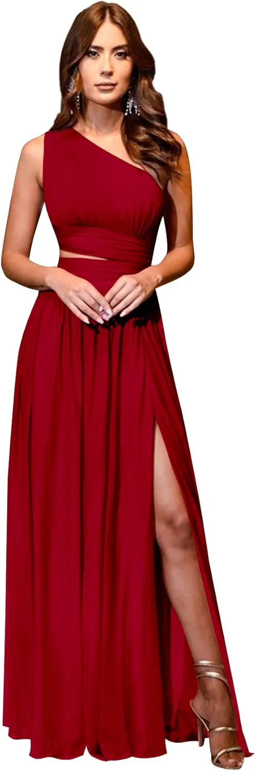 One Shoulder Bridesmaid Dresses for Wedding Chiffon High Slit A line Long Formal Prom Dress with Pockets