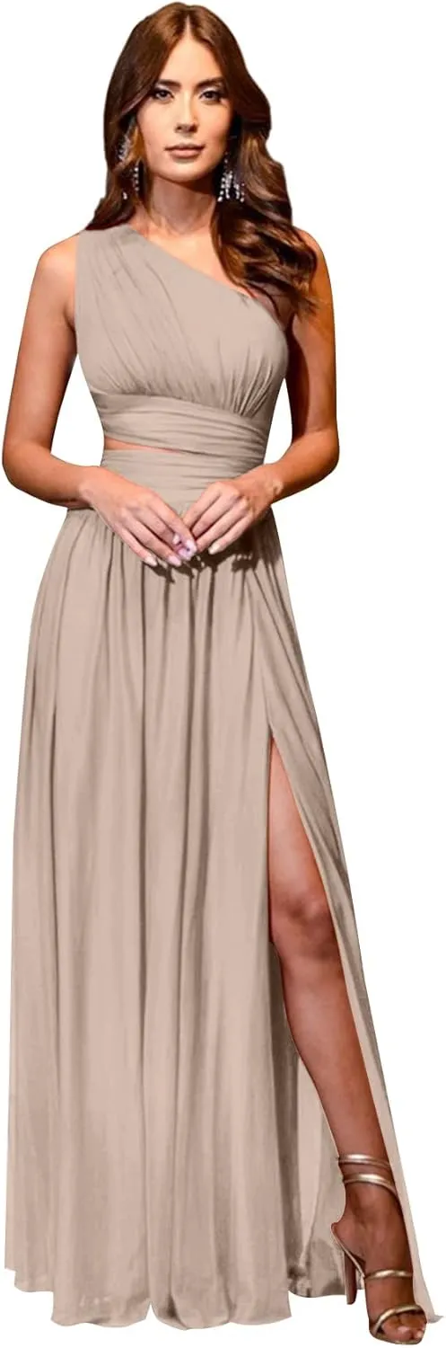 One Shoulder Bridesmaid Dresses for Wedding Chiffon High Slit A line Long Formal Prom Dress with Pockets