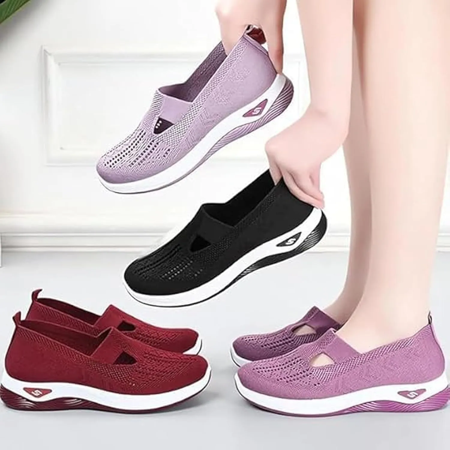 Orthopedic Walking Shoes for Women Woven Breathable Arch Support Soft Sole Shoe Mesh Slip On Diabetic Sneakers