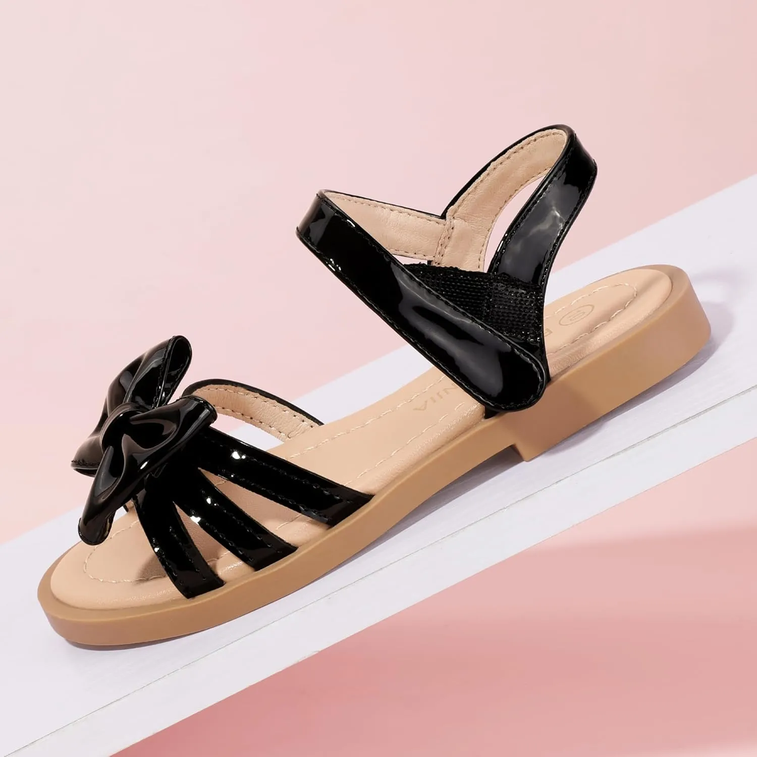 PANDANINJIA Girls Sandals Toddler Little Kids Open Toe Bows Summer Flats Dress Sandals Shoes