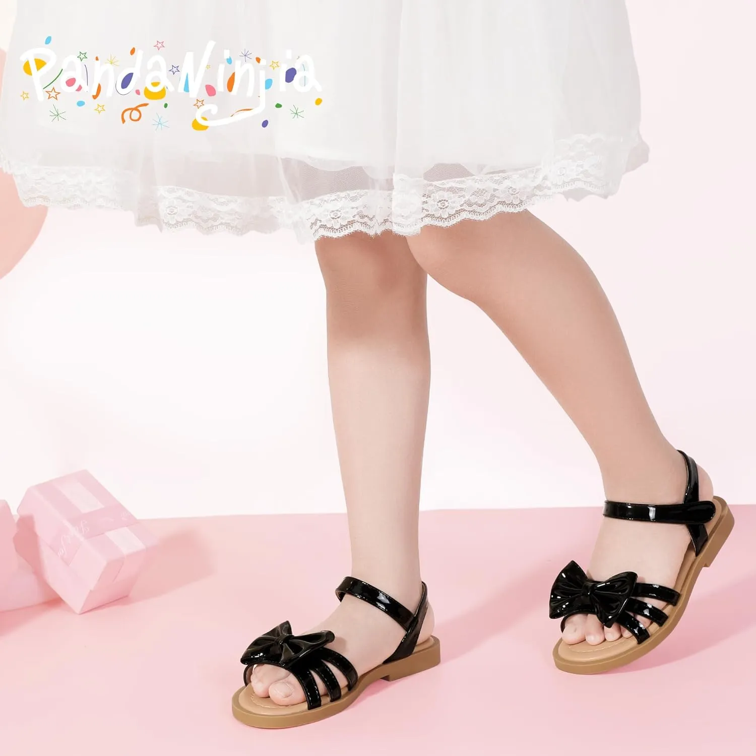PANDANINJIA Girls Sandals Toddler Little Kids Open Toe Bows Summer Flats Dress Sandals Shoes