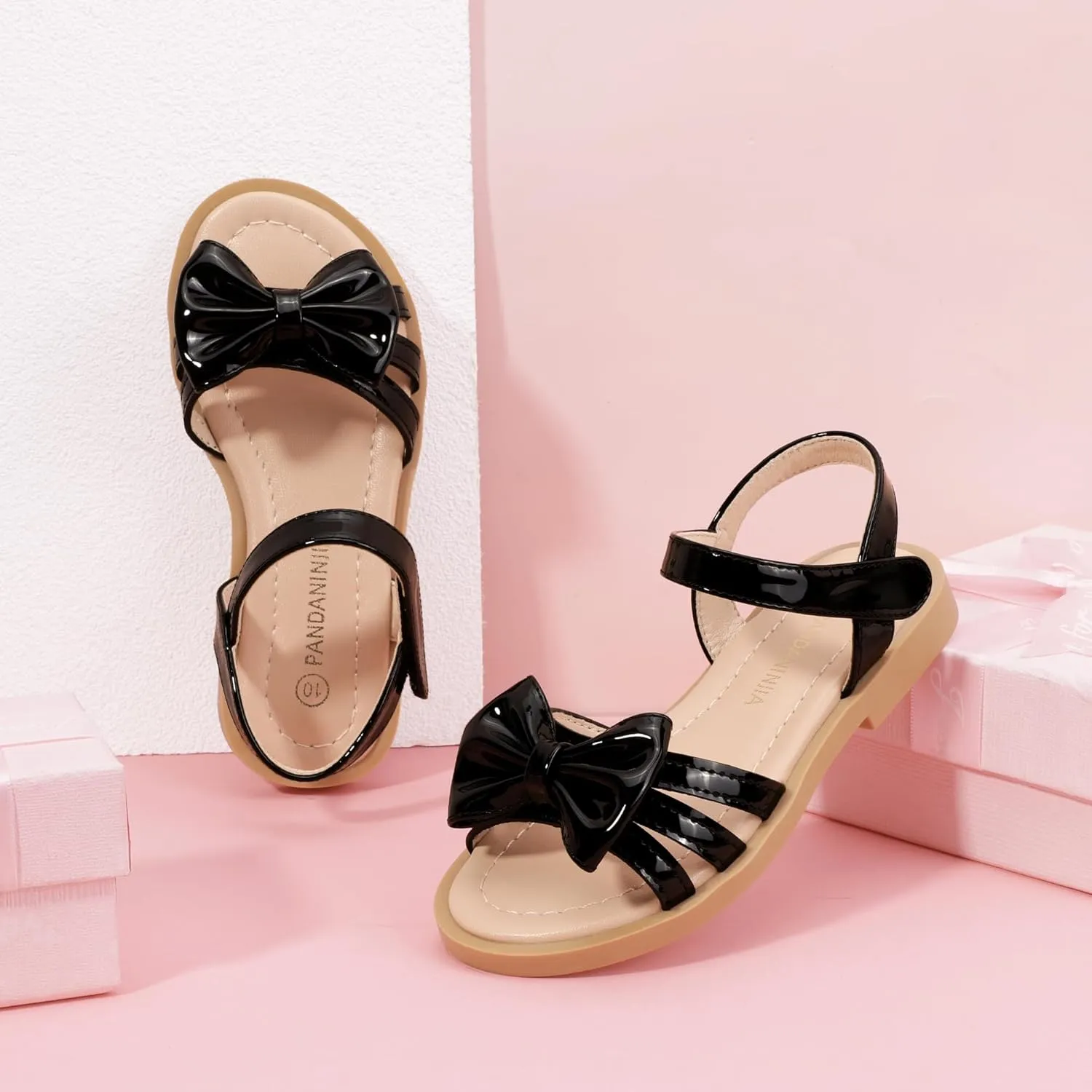 PANDANINJIA Girls Sandals Toddler Little Kids Open Toe Bows Summer Flats Dress Sandals Shoes