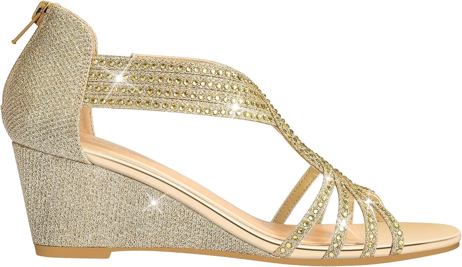 PIZZ ANNU Women's Diana Low Wedge Sandals Sparkly Rhinestone Open Toe Fashion Dress Shoes for Woman Lady in Bridal Dance Evening