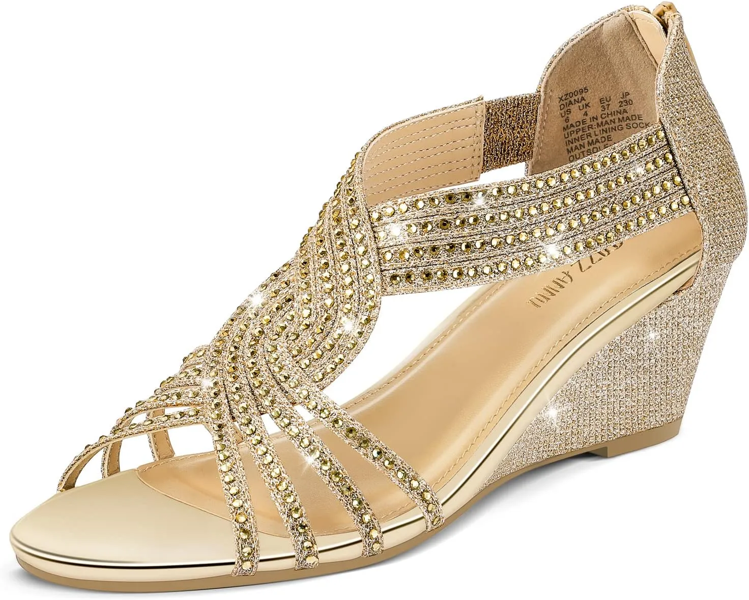 PIZZ ANNU Women's Diana Low Wedge Sandals Sparkly Rhinestone Open Toe Fashion Dress Shoes for Woman Lady in Bridal Dance Evening