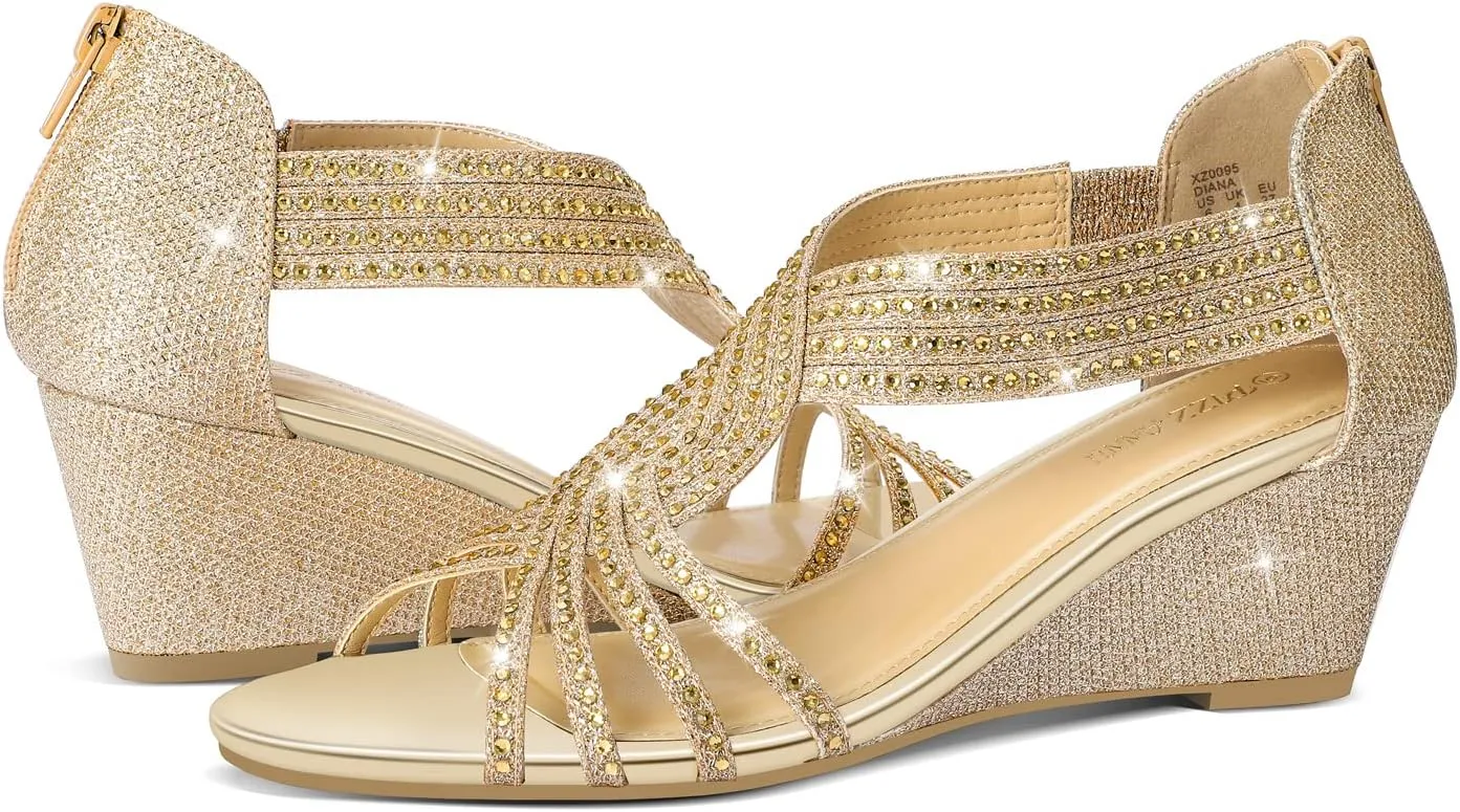 PIZZ ANNU Women's Diana Low Wedge Sandals Sparkly Rhinestone Open Toe Fashion Dress Shoes for Woman Lady in Bridal Dance Evening