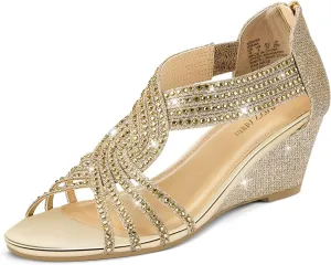 PIZZ ANNU Women's Diana Low Wedge Sandals Sparkly Rhinestone Open Toe Fashion Dress Shoes for Woman Lady in Bridal Dance Evening