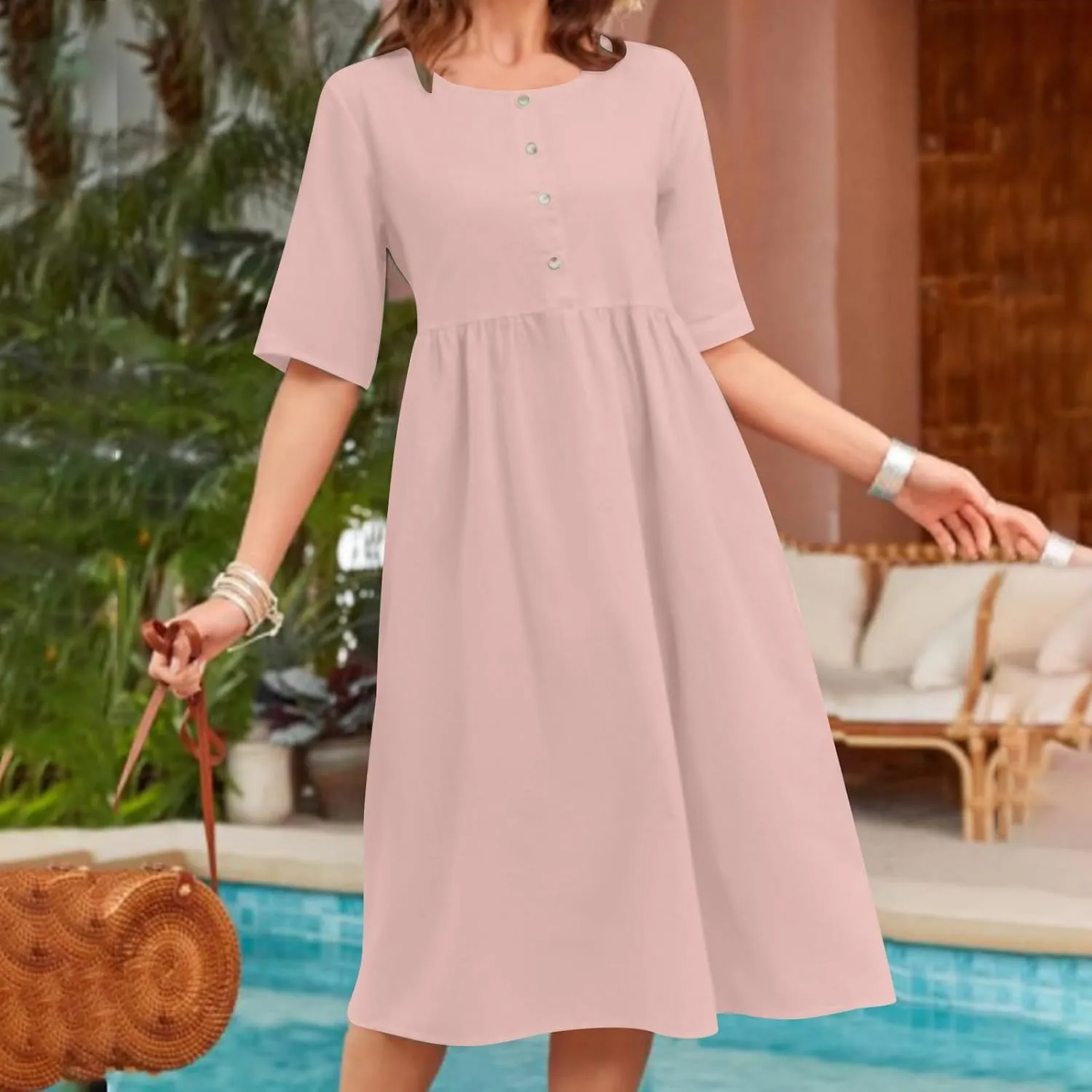 Plus Size Linen Cotton Dress for Women Button Shirt Dress Short Sleeve Round Neck Dressy Casual Loose Midi Dresses