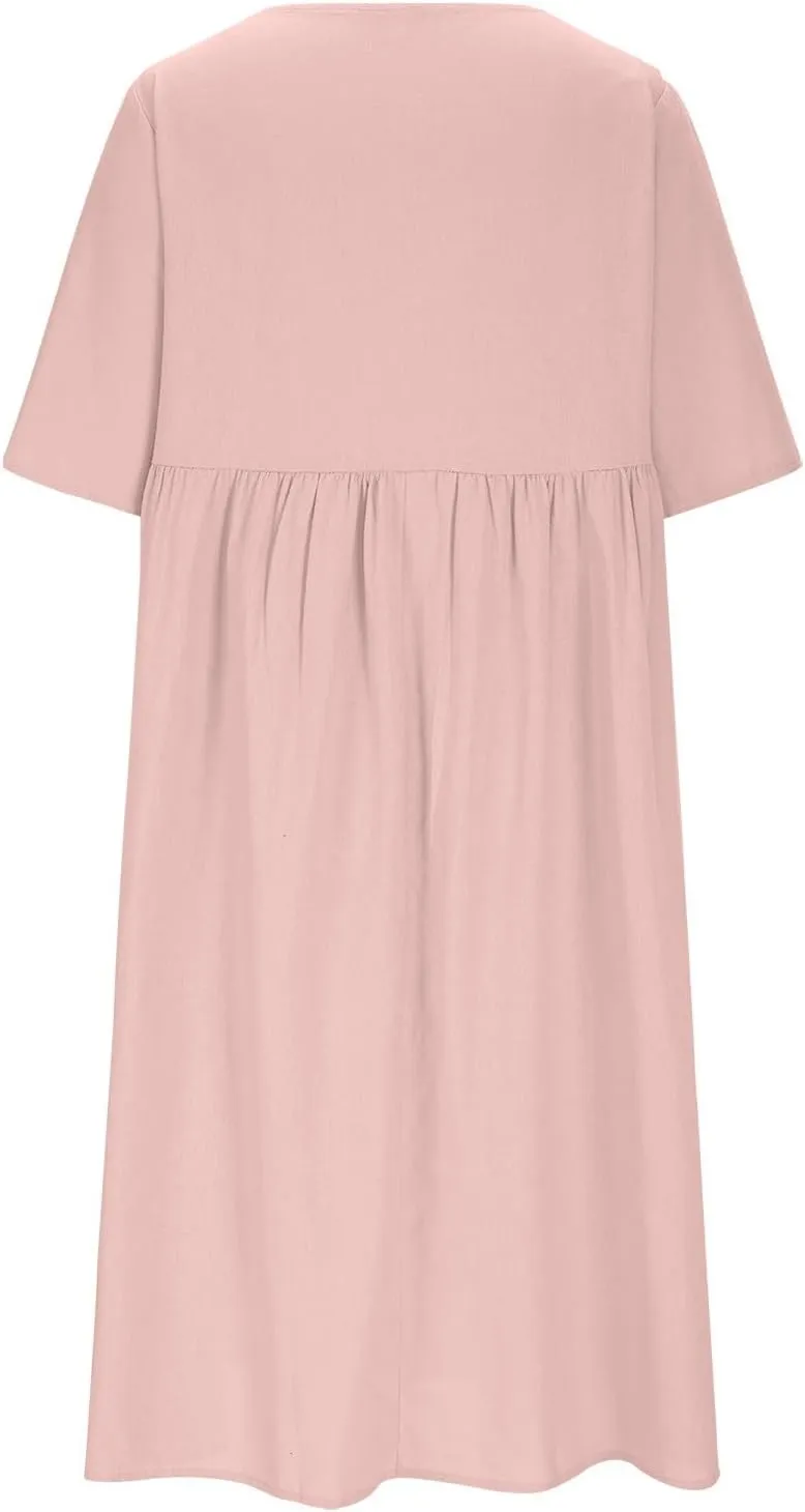 Plus Size Linen Cotton Dress for Women Button Shirt Dress Short Sleeve Round Neck Dressy Casual Loose Midi Dresses