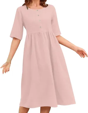 Plus Size Linen Cotton Dress for Women Button Shirt Dress Short Sleeve Round Neck Dressy Casual Loose Midi Dresses