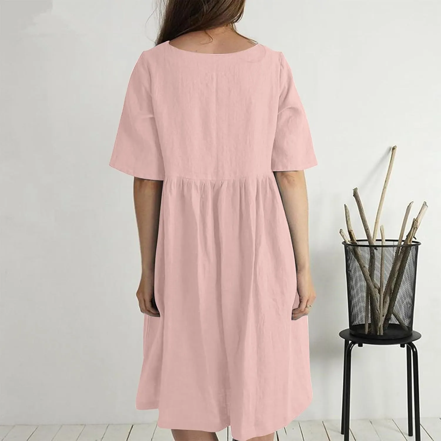 Plus Size Linen Cotton Dress for Women Button Shirt Dress Short Sleeve Round Neck Dressy Casual Loose Midi Dresses