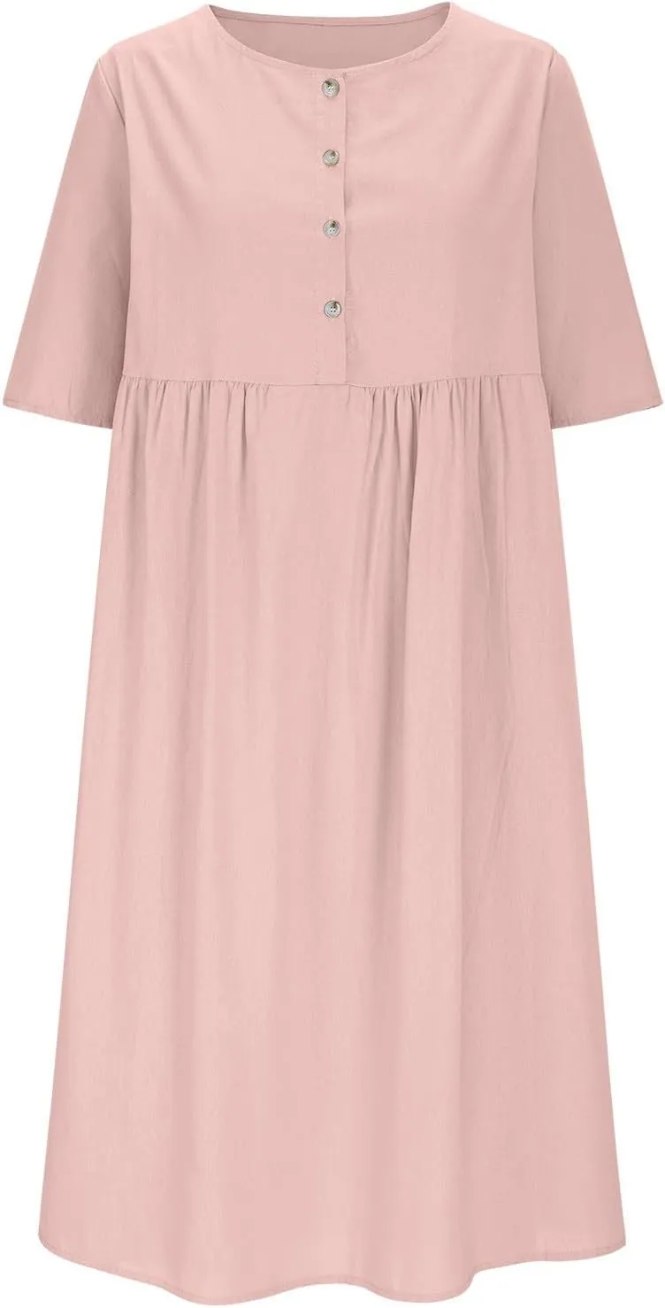 Plus Size Linen Cotton Dress for Women Button Shirt Dress Short Sleeve Round Neck Dressy Casual Loose Midi Dresses