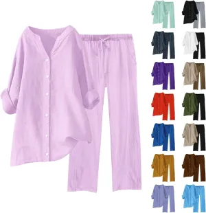 plus size spring clothes for women wish lists on my account buy again Linen Sets For Women Dressy 2 Piece Set Plus Size Button Matching Shirts Casual Summer Drawstring Pants Outfits Pink-A Large