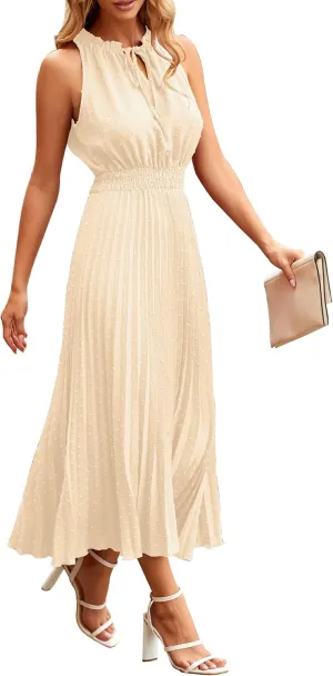 PRETTYGARDEN Women's Midi Summer Dresses Casual V Neck Swiss Dot Ruffle Sleeveless A Line Beach Sun Dress