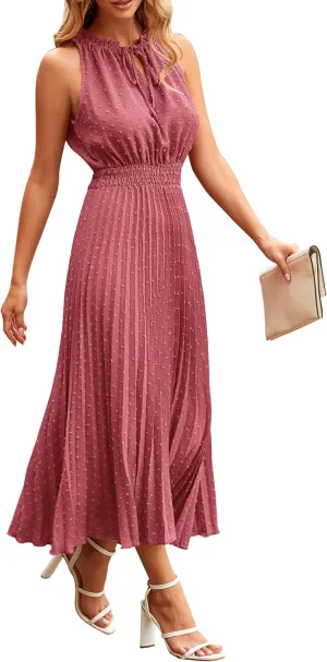 PRETTYGARDEN Women's Midi Summer Dresses Casual V Neck Swiss Dot Ruffle Sleeveless A Line Beach Sun Dress