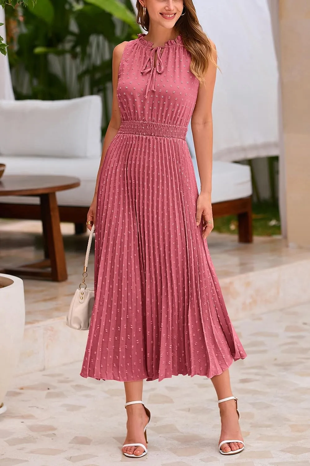 PRETTYGARDEN Women's Midi Summer Dresses Casual V Neck Swiss Dot Ruffle Sleeveless A Line Beach Sun Dress