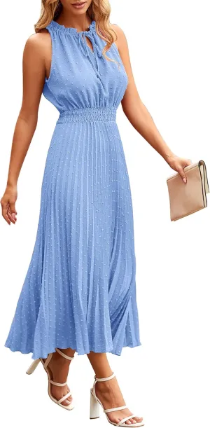 PRETTYGARDEN Women's Midi Summer Dresses Casual V Neck Swiss Dot Ruffle Sleeveless A Line Beach Sun Dress