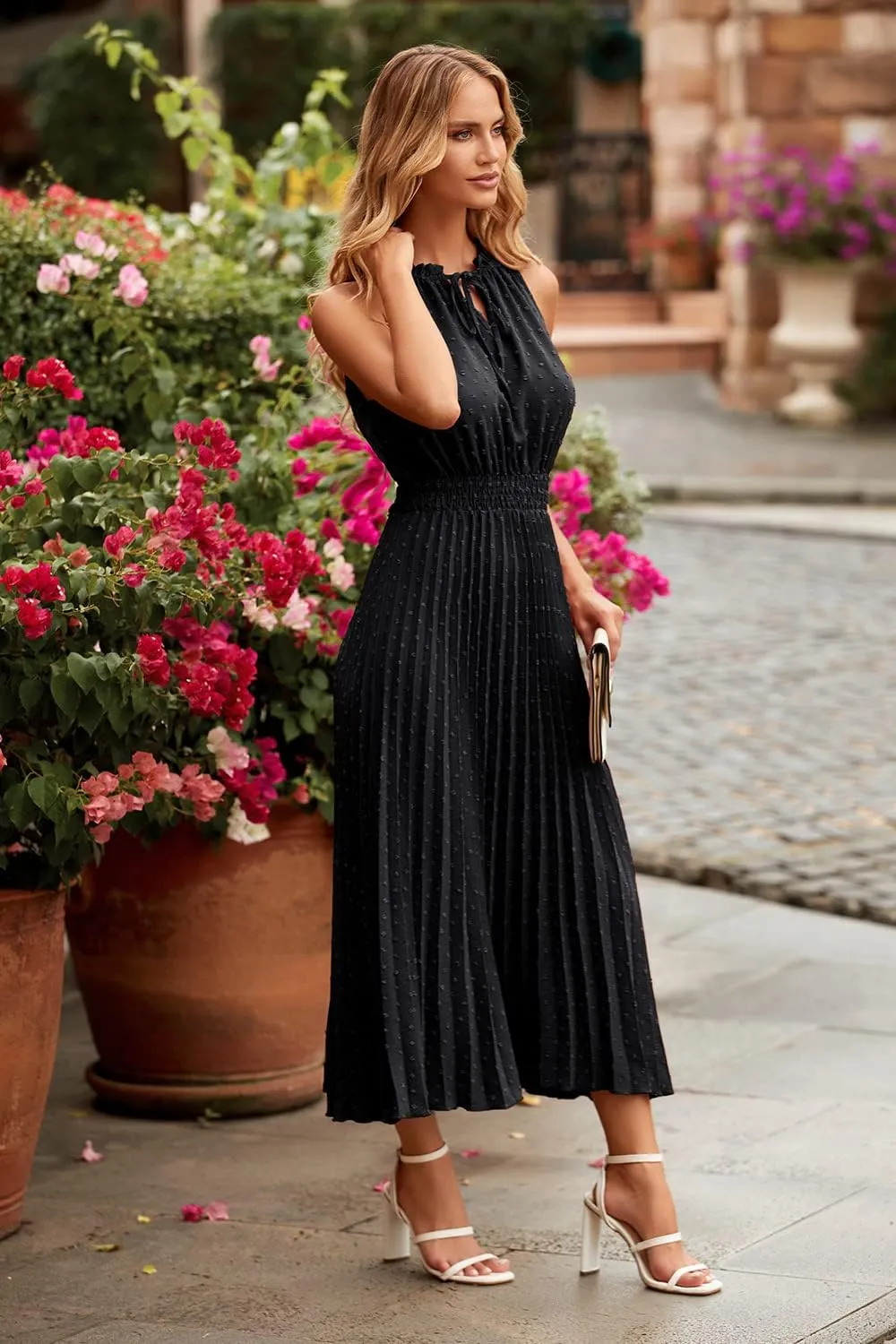 PRETTYGARDEN Women's Midi Summer Dresses Casual V Neck Swiss Dot Ruffle Sleeveless A Line Beach Sun Dress