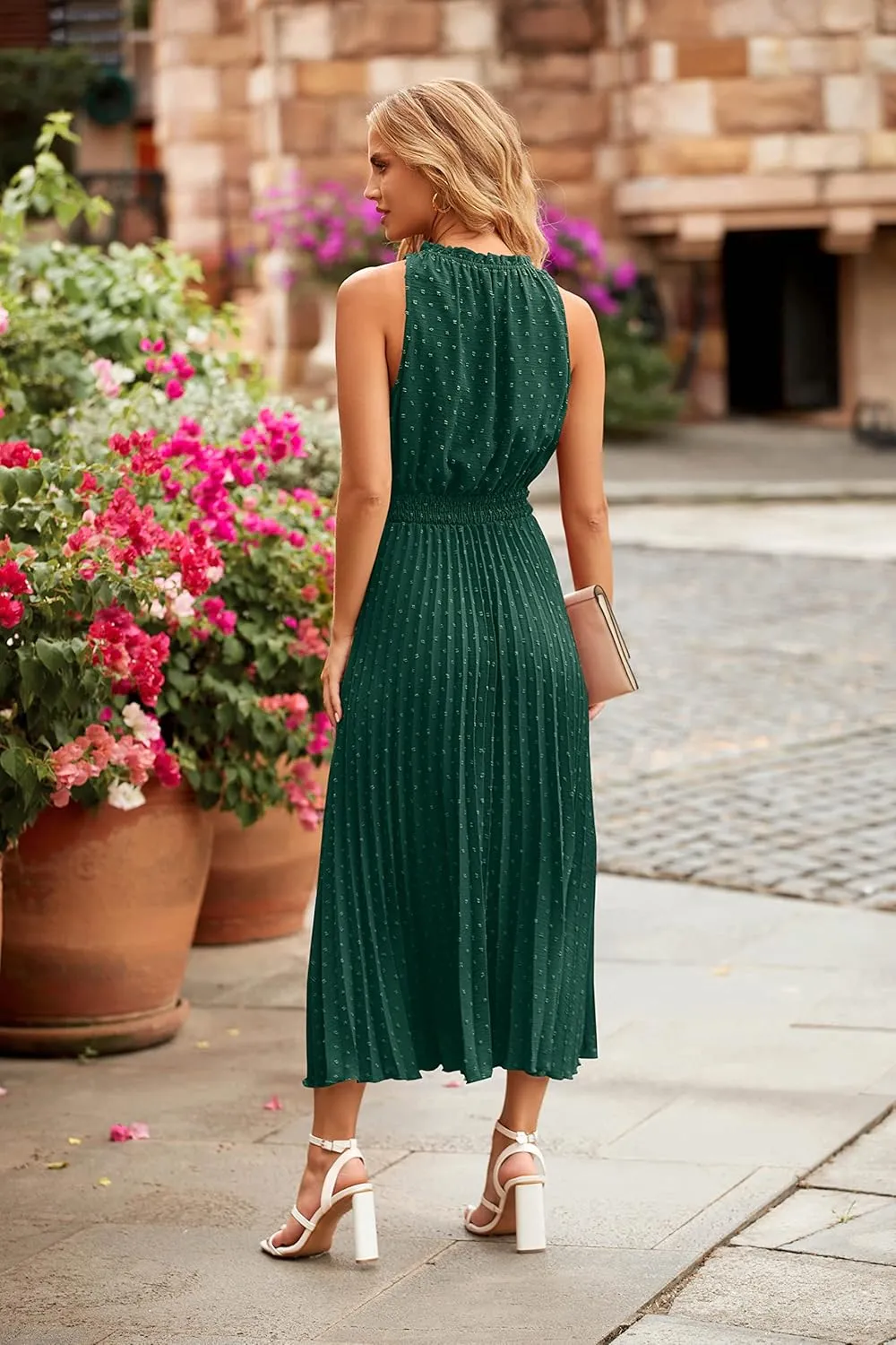 PRETTYGARDEN Women's Midi Summer Dresses Casual V Neck Swiss Dot Ruffle Sleeveless A Line Beach Sun Dress
