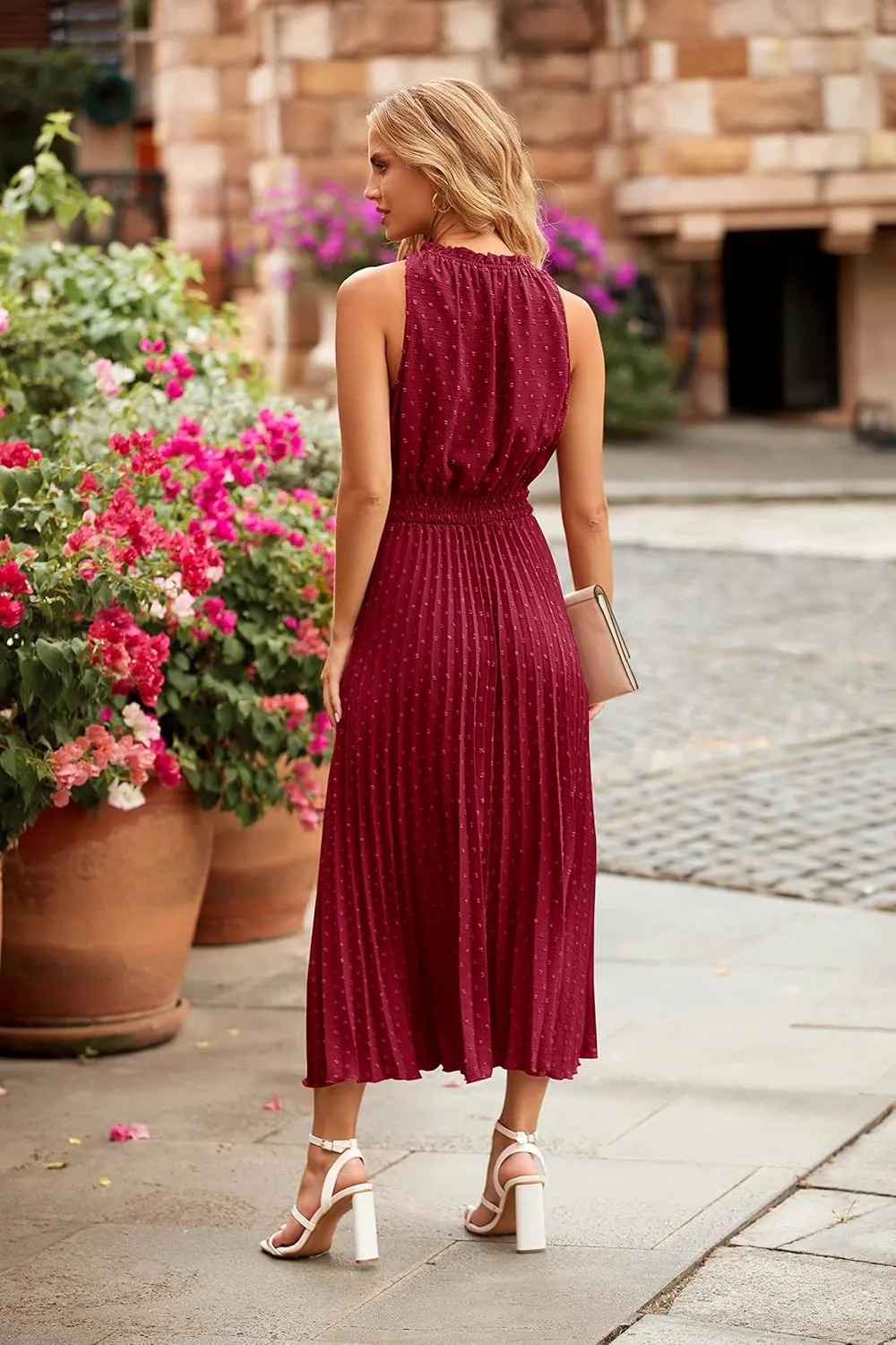 PRETTYGARDEN Women's Midi Summer Dresses Casual V Neck Swiss Dot Ruffle Sleeveless A Line Beach Sun Dress