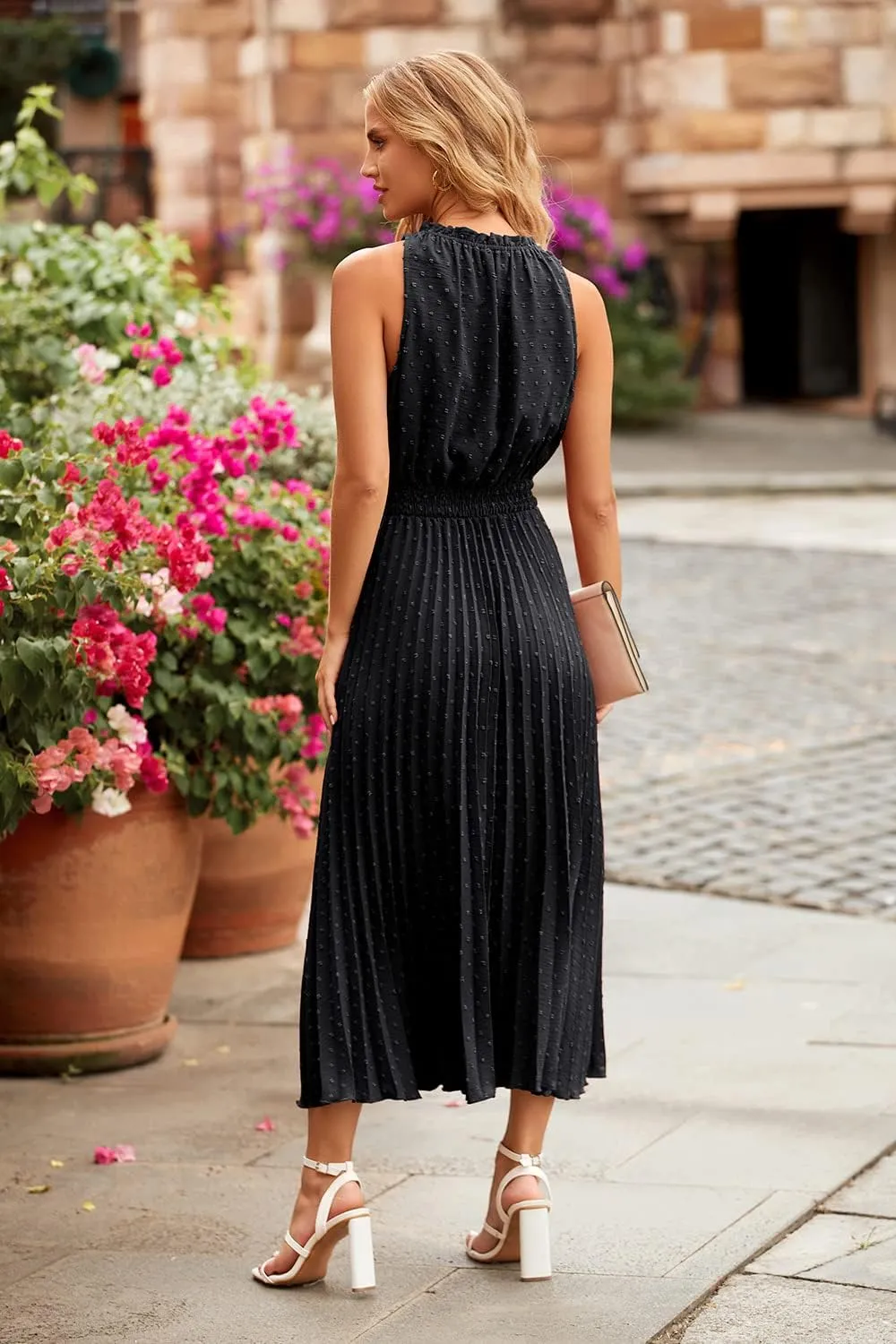 PRETTYGARDEN Women's Midi Summer Dresses Casual V Neck Swiss Dot Ruffle Sleeveless A Line Beach Sun Dress